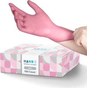 Hand-E Touch Pink Nitrile Disposable Gloves - Esthetician, Nail Tech, Hair Dye & Stylist, Cleaning Gloves