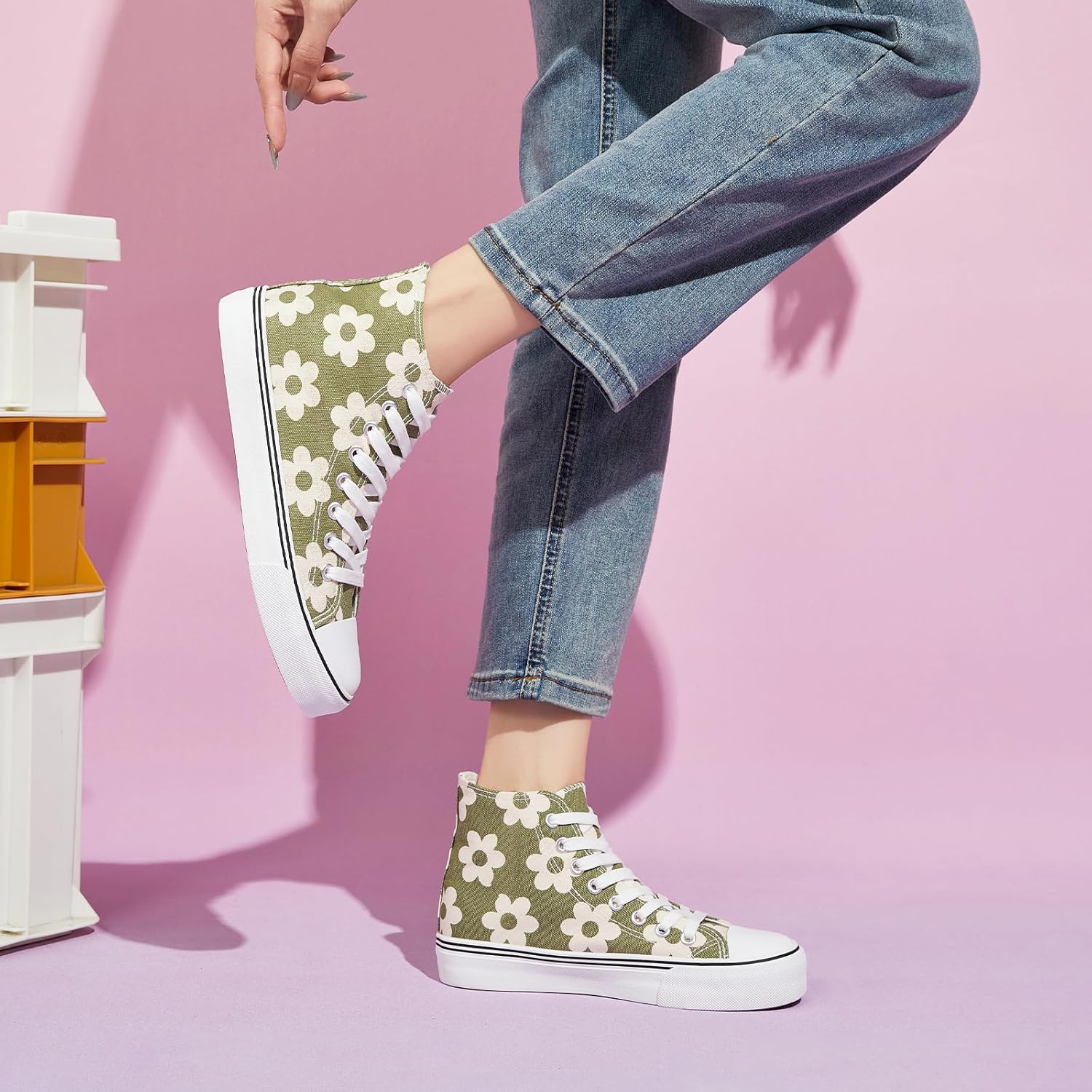 Women's High Top Canvas Sneakers Canvas Shoes Lace up White Black Sneakers Casual Walking Shoes - Image 6