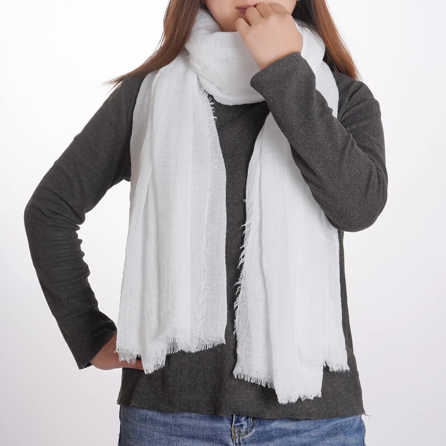 Women Summer Cotton Blend Crinkle Vintage Soft Long Scarf Linen Beach Shawl Wrap - Image 3